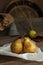 Autumn still life with ripe homegrown pears from rural garden