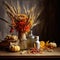 Autumn still life in rustic style on a dark background