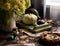 Autumn still life on rustic wooden table with green pumpkins, vase with hydrangea, bowl with seeds, old bottles