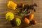 Autumn still life - small spotted squash, asparagus beans, purple Basil, paprika, yellow and chocolate tomatoes on bamboo Mat