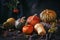 Autumn still life with variety of pumpkins - cucurbita fruits of different colors and sizes with nuts and berries.