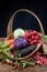 Autumn still life with vegetables, dry leaves and berries.