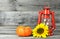 Autumn still life with vintage oil lamp, pumpkin and sunflower