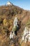 Autumn Sulovske skaly mountains in Slovakia with colorful forest, snadstone rocks and clear sky