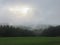 Autumn, sun behind clouds, after rain, mist, lawn, spruce, forest, meadow