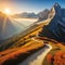 Autumn sunbeams illuminate a mountain canyon in the Italian Mountainous terrain with brightly colored orange alpine and