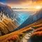 Autumn sunbeams illuminate a mountain canyon in the Italian Mountainous terrain with brightly colored orange alpine and