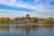 The autumn sunny day. Moscow, cityscape with a view of the Ostankino pond and the Churchy 17 centurity. Moscow, Russia