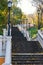 Autumn sunny day, steps of stairs in the old park, many fallen foliage. Seasons