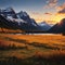 Autumn sunrise at Bow Lake in the Canadian Rockies. made with Generative AI