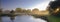 Autumn sunrise with mist on the Eel House traps on the River Test near Longstock, Hampshire, UK