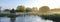 Autumn sunrise with mist on the Eel House traps on the River Test near Longstock, Hampshire, UK