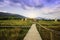 Autumn sunrise in mountainous rural area. Bamboo Walkway and cottage in golden foliage on the meadow in weathered grass