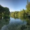 Autumn sunrise on the River Itchen - a famous chalk bed stream renowned for fly fishing - between Ovington and Itchen Abbas in