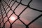 autumn sunrise shining through the metal chain link fence background texture