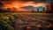 Autumn sunset over rural farm, orange pumpkin amidst yellow leaves generated by AI