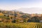 Autumn sunset view of Naramata Bench vineyards, Okanagan Lake, and distant mountains