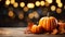 Autumn table decoration pumpkin, leaf, candlelight, vibrant colors, rustic generated by AI