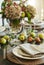 Autumn table decoration. Thanksgiving table setting with autumn decorations