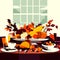 Autumn table with food and drinks. Vector illustration in flat style AI generated