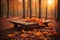Autumn Table Orange Leaves And Wooden Plank At Sunset. ai generative