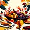 Autumn table with pumpkins, apples, berries, bread and other food. Vector illustration. AI generated