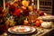 Autumn table setting with candles, pumpkins and flowers. Thanksgiving table decoration