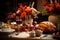 Autumn table setting with candles, pumpkins and flowers. Thanksgiving table decoration