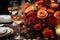 Autumn table setting with candles, pumpkins and flowers. Thanksgiving table decoration