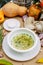 Autumn table setting with pumpkins. Thanksgiving dinner. homemade dumplings with herbs and sauce