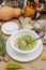 Autumn table setting with pumpkins. Thanksgiving dinner. homemade dumplings with herbs and sauce