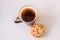 Autumn tea. Sweater, maple leaves, cookies and cup of tea with lemon.