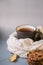 Autumn tea. Sweater, maple leaves, cookies and cup of tea with lemon