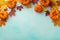 Autumn Thanksgiving background. Pumpkins and maple leaves on turquoise table top view