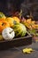 Autumn Thanksgiving Composition with Assorted Mini Pumpkins in Wooden Tray on a Wooden Table