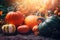 Autumn Thanksgiving day background. Pumpkins, gourds, squashes. Beauty Holiday autumn festival concept. Fall scene.