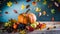 Autumn Thanksgiving pumpkins, fruits and falling leaves on rustic wooden table