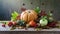 Autumn Thanksgiving pumpkins, fruits and falling leaves on rustic wooden table