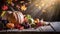 Autumn Thanksgiving pumpkins, fruits and falling leaves on rustic wooden table