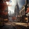 Autumn-themed city with gothic architecture and realistic lighting