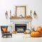 Autumn-themed Room Decoration With Fireplace Stand And Pumpkins