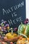 Autumn themed still life with a chalkboard