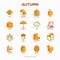 Autumn thin line icons set: maple, mushrooms, oak leaves, apple, pumpkin, umbrella, rain, candles, acorn, rubber boots, raincoat,