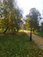 Autumn time, city park with beautiful lanterns and trees