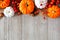 Autumn top border of orange & white pumpkins, berries on gray wood