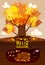 Autumn tree colorfull, cute Bear is sleeping in a burrow, hole. Lettering Hello Atumn, fall background rural countryside