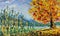 Autumn tree in a forest, fallen leaves, tall grass, clouds, golden autumn, painting