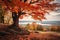 autumn tree on the hillside with a lake in the background