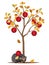 Autumn tree with red apples and a hedgehog on a white background.