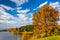 Autumn tree and view of Lake Marburg, at Codorus State Park, Pen